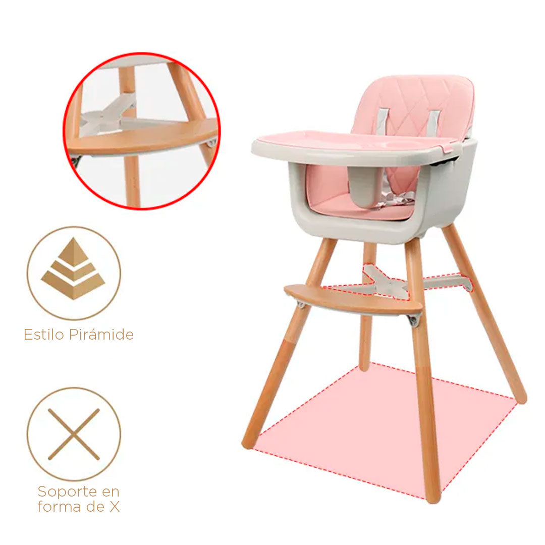 Silla comedor 3 en 1 con patas de madera, ajustable a silla alta, silla comedor y silla baja, doble bandeja extraíble, arnés de seguridad, forro impermeable