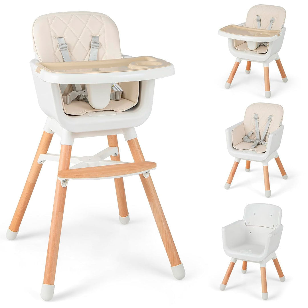 Silla comedor 3 en 1 con patas de madera, ajustable a silla alta, silla comedor y silla baja, doble bandeja extraíble, arnés de seguridad, forro impermeable