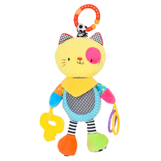 Sonajero peluche con bandana de rascaencias suave, móvil para colgar, hecho en material suave hipoalergénico, diseño y colores llamativos, con cascabel y mordedor