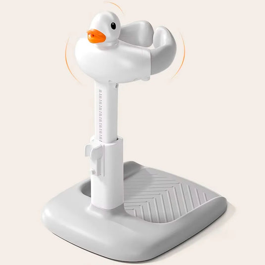 Soporte de ducha con diseño de patito para bebé, con base antideslizante, soporte de pie para bebé, ergonómico, de altura ajustable