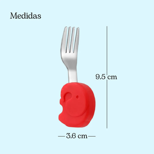 Set cuchara y tenedor para bebé diseño elefante, en acero inoxidable y silicona libre de BPA, ergonómico