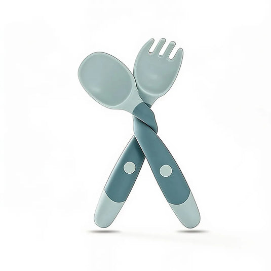 Set Cubiertos cuchara y tenedor flexibles y giratorios 360° para bebé, en silicona suave, vajilla de entrenamiento para aprender a comer