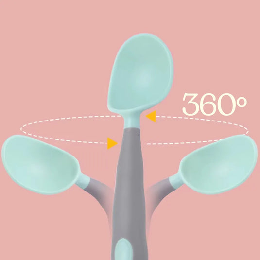 Set Cubiertos cuchara y tenedor flexibles y giratorios 360° para bebé, en silicona suave, vajilla de entrenamiento para aprender a comer