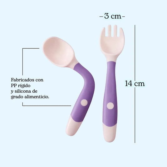 Set Cubiertos cuchara y tenedor flexibles y giratorios 360° para bebé, en silicona suave, vajilla de entrenamiento para aprender a comer