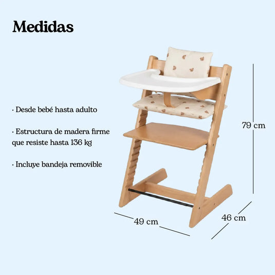 Silla comedor alta evolutiva para bebé en madera, con baby set, cojín y bandeja removible, ajustable en altura y profundidad, ergonómica, crece con tu hijo