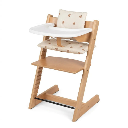 Silla comedor alta evolutiva para bebé en madera, con baby set, cojín y bandeja removible, ajustable en altura y profundidad, ergonómica, crece con tu hijo