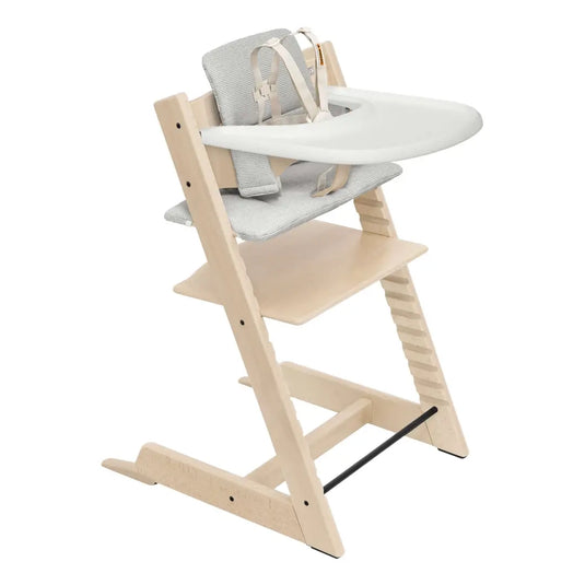 Silla alta Tripp Trapp2 Natural con cojín Antracita y bandeja Blanca, ajustable y ergonómica, para niños de 6 meses a 3 años - Stokke