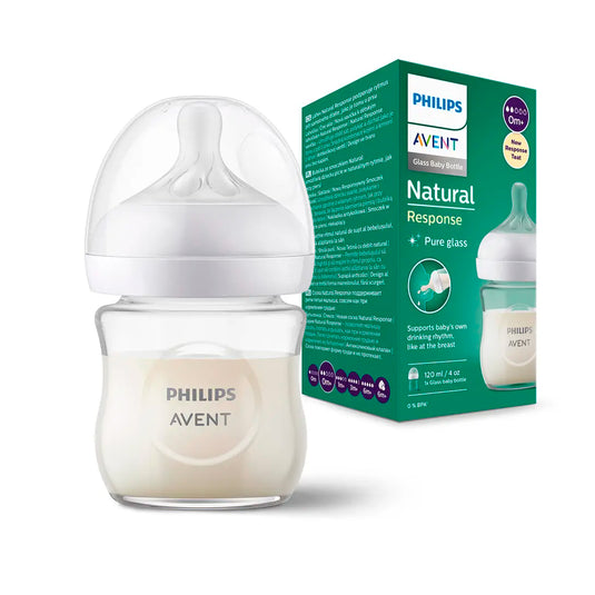 Tetero 4oz de cristal, con válvula anticólicos, resistente al calor - Philips Avent Natural Response Pure Glass