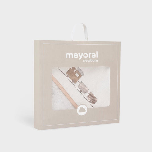 Toalla con capucha diseño de trencito para bebé, tipo capa de diseño envolvente con la que podrás secar y abrigar a tu bebé después del baño, hecha 100% en algodón - Mayoral