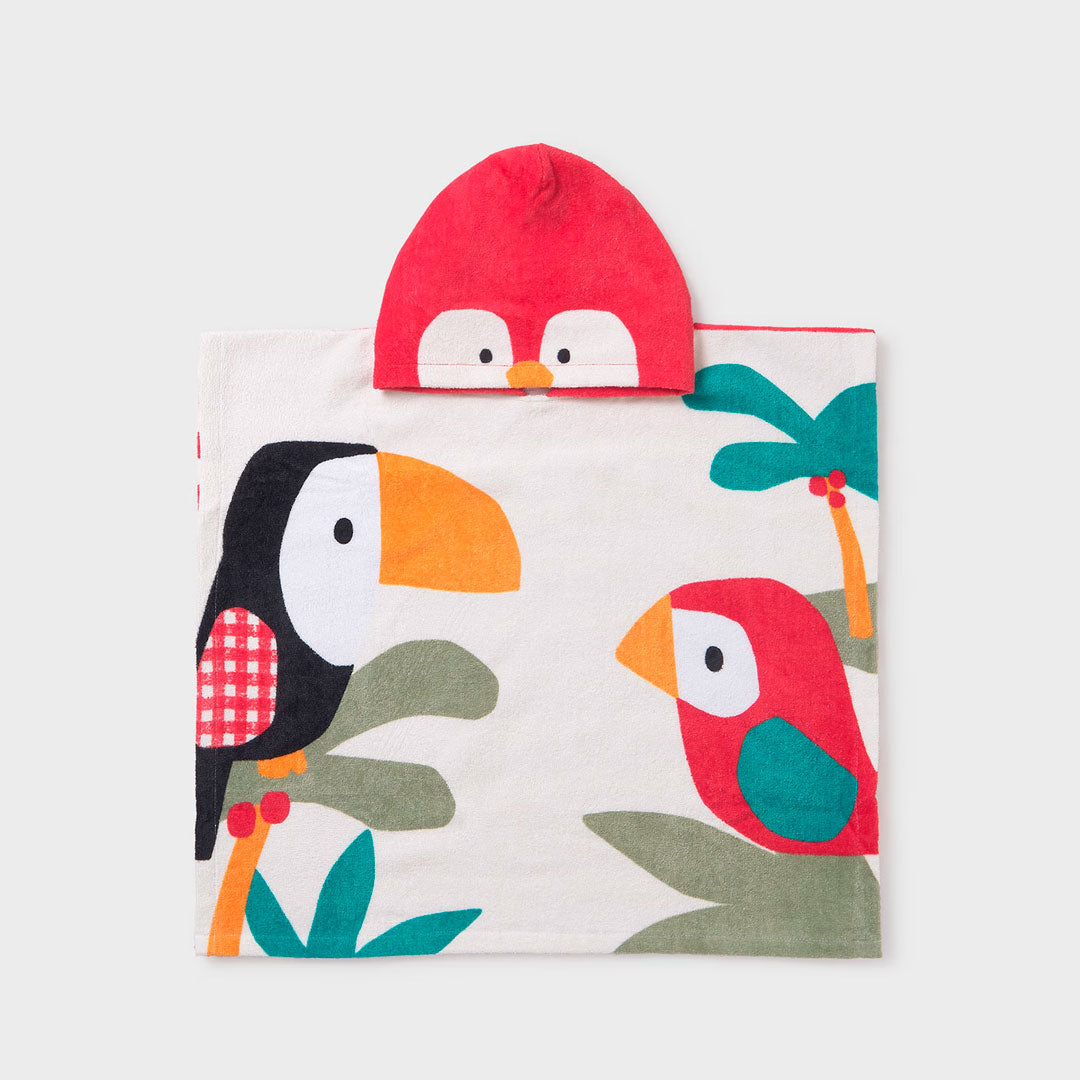 Toalla con capucha Loro rojo y Tucán para bebé, estilo poncho para mayor comodidad, colores y diseño llamativo - Mayoral