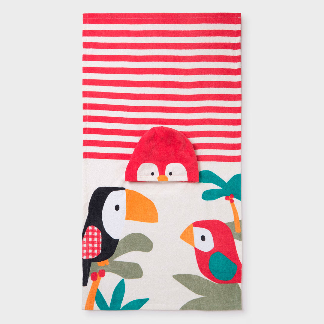 Toalla con capucha Loro rojo y Tucán para bebé, estilo poncho para mayor comodidad, colores y diseño llamativo - Mayoral