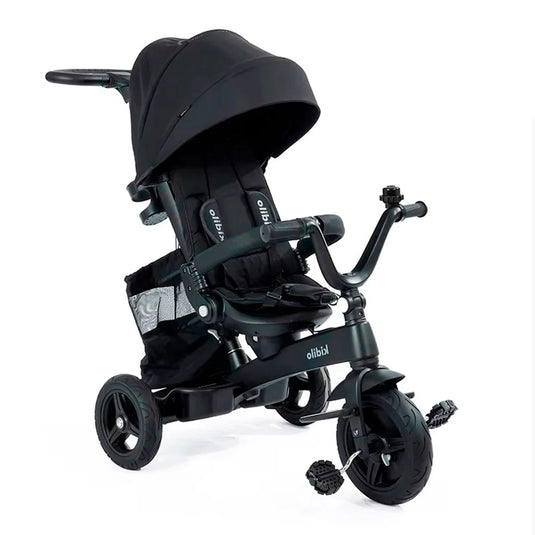 Coche paseador estilo Triciclo Deluxe, con sistema de plegado, asiento ajustable con rotación 360°, manillar de control parental, canasta de almacenamiento, campanilla, cinturón de seguridad de 5 puntos - Kidilo