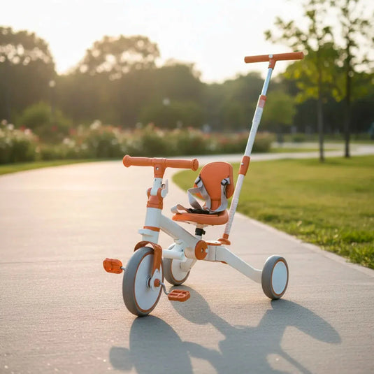 Triciclo 5 en 1 con manija de control parental, ajustes de posición, pedal extraíble, respaldo ajustable, cinturón de seguridad en tres puntos, en material resistente - Maxibaby