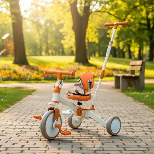 Triciclo 5 en 1 con manija de control parental, ajustes de posición, pedal extraíble, respaldo ajustable, cinturón de seguridad en tres puntos, en material resistente - Maxibaby