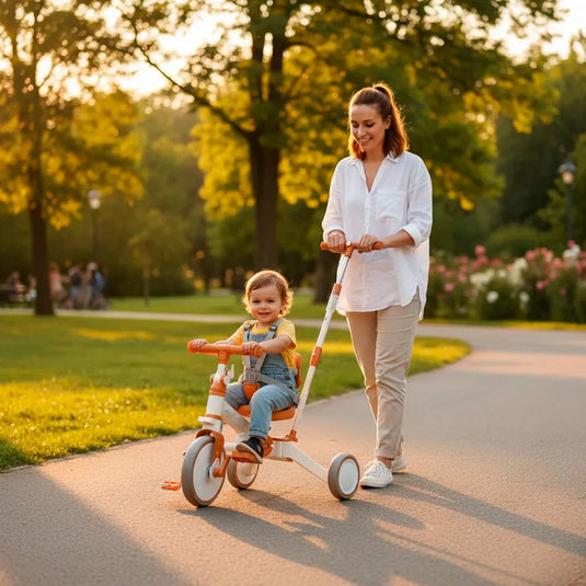 Triciclo 5 en 1 con manija de control parental, ajustes de posición, pedal extraíble, respaldo ajustable, cinturón de seguridad en tres puntos, en material resistente - Maxibaby