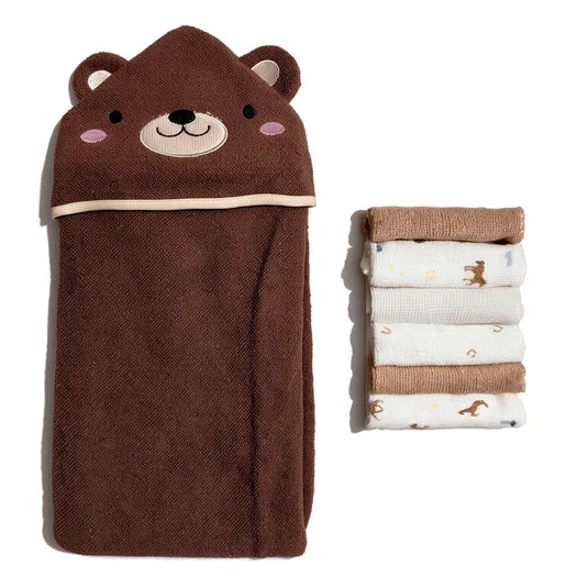 Set de toalla con capucha de osito y 6 toallitas para bebé, suaves y absorbentes