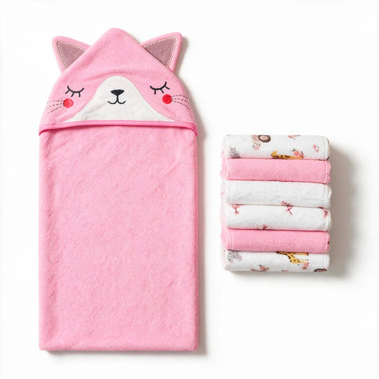 Set de toalla con capucha de osito y 6 toallitas para bebé, suaves y absorbentes