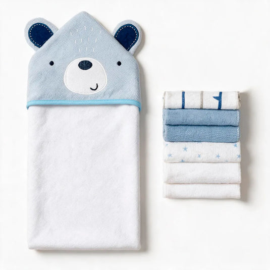 Set de toalla con capucha de osito y 6 toallitas para bebé, suaves y absorbentes