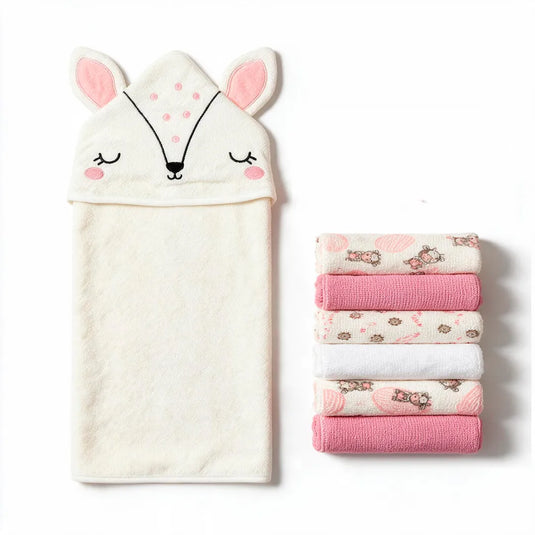 Set de toalla con capucha de osito y 6 toallitas para bebé, suaves y absorbentes
