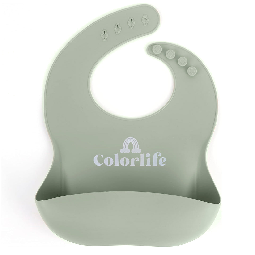 Vajilla en set de 5 piezas en silicona, cubiertos con mango de madera, libre de PVC, BPA y látex, antideslizante con babero ajustable - Color&Life