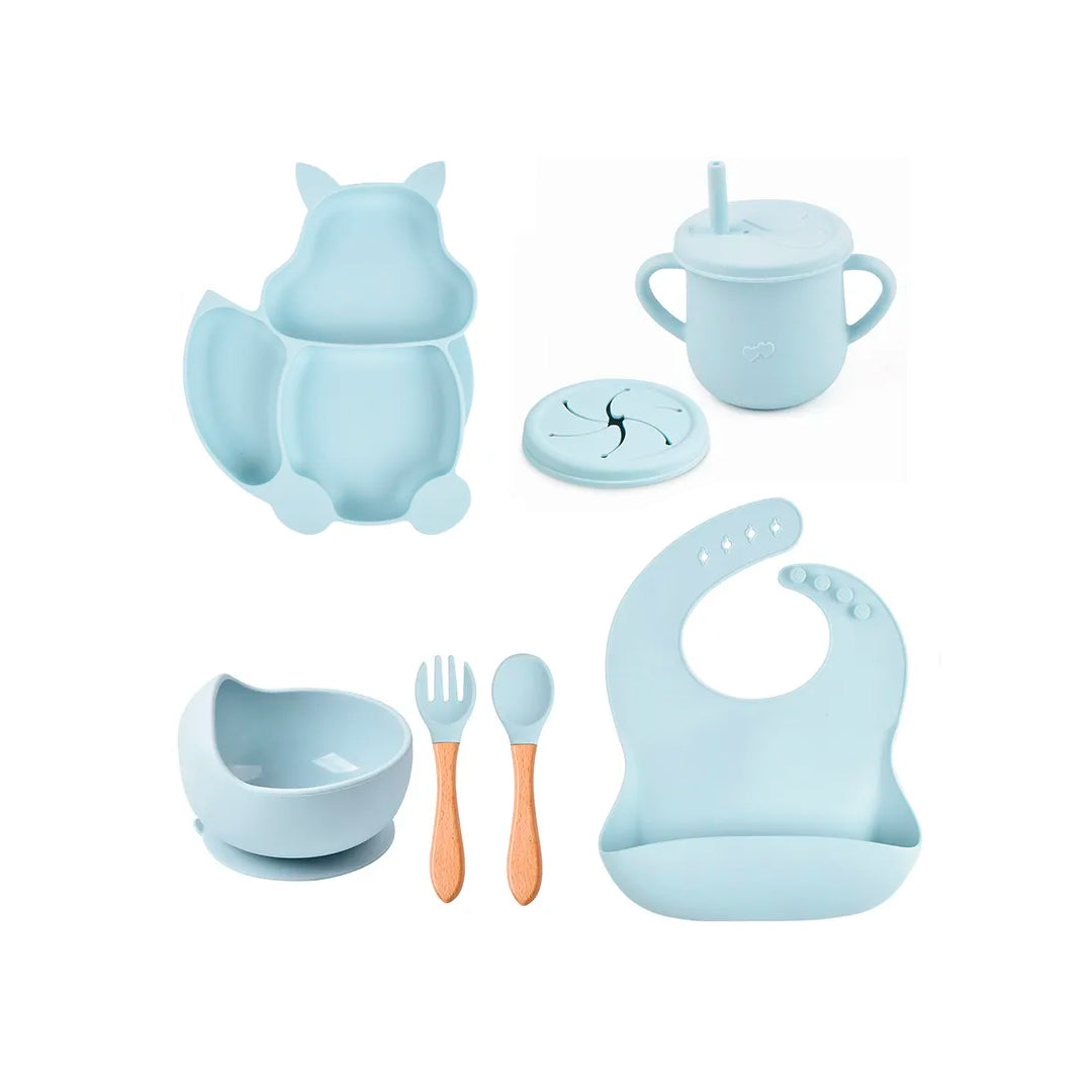 Set vajilla Ardilla de 8pz en silicona, combo de alimentación complementaria libres de BPA, babero, plato, tazón y cubiertos, de material seguro y resistente - Color & Life