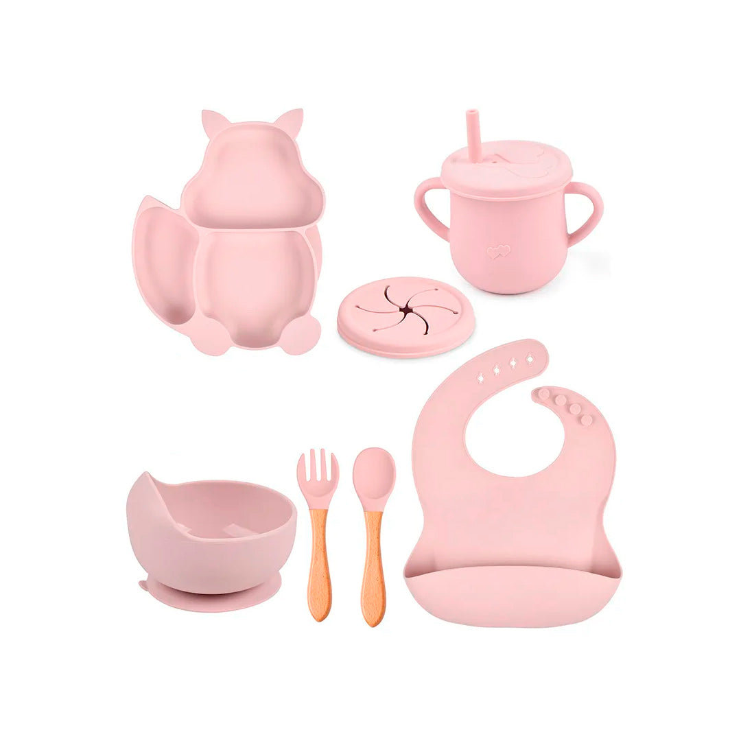 Set vajilla Ardilla de 8pz en silicona, combo de alimentación complementaria libres de BPA, babero, plato, tazón y cubiertos, de material seguro y resistente - Color & Life