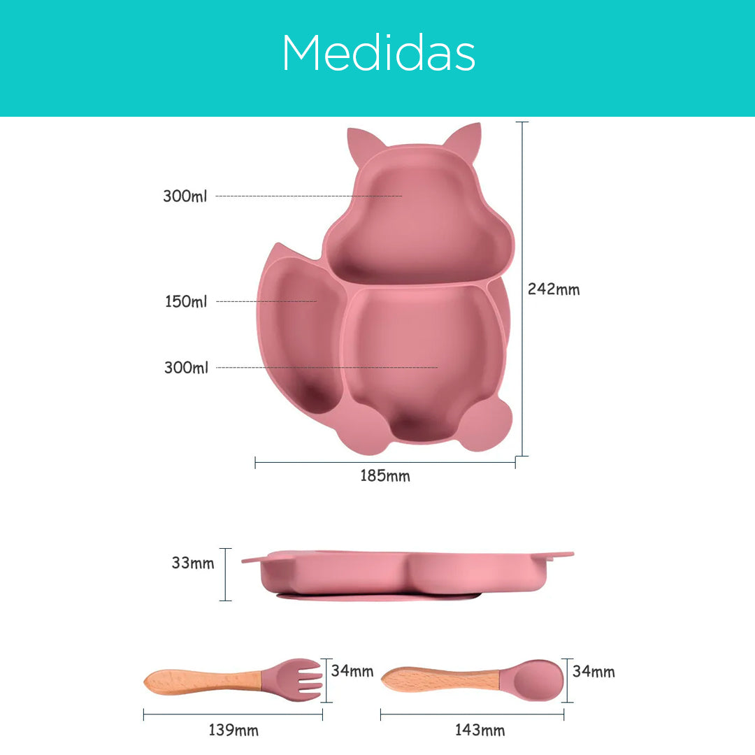 Set vajilla Ardilla de 8pz en silicona, combo de alimentación complementaria libres de BPA, babero, plato, tazón y cubiertos, de material seguro y resistente - Color & Life