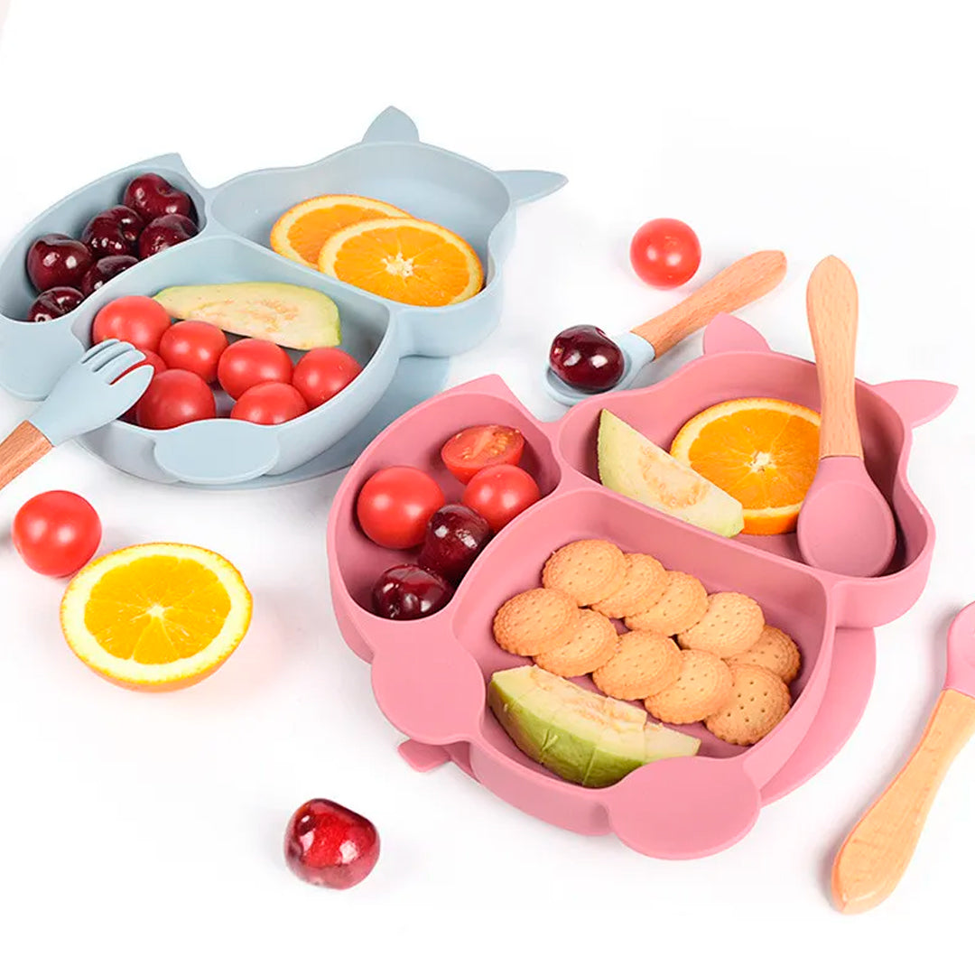Set vajilla Ardilla de 8pz en silicona, combo de alimentación complementaria libres de BPA, babero, plato, tazón y cubiertos, de material seguro y resistente - Color & Life