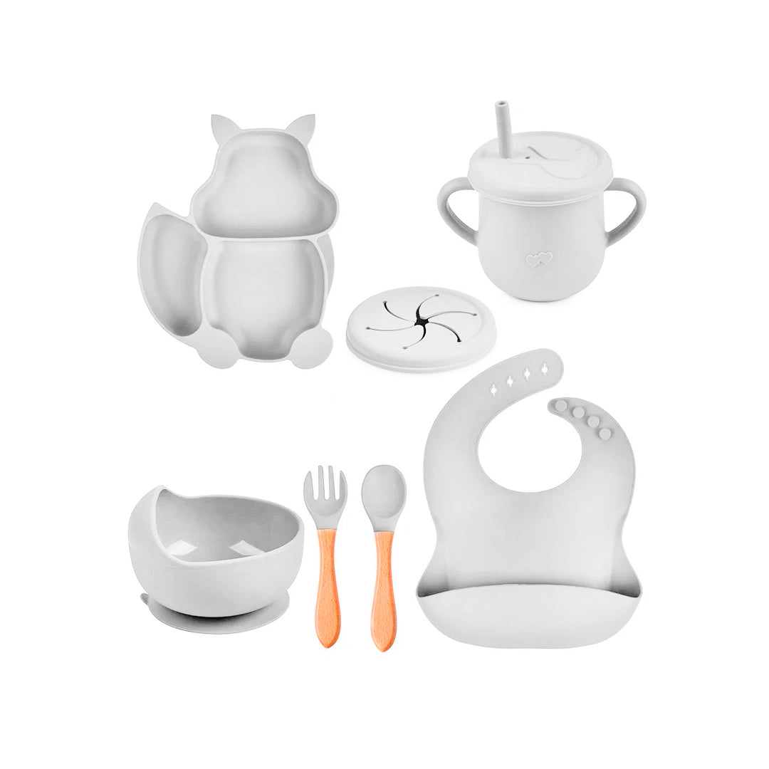 Set vajilla Ardilla de 8pz en silicona, combo de alimentación complementaria libres de BPA, babero, plato, tazón y cubiertos, de material seguro y resistente - Color & Life
