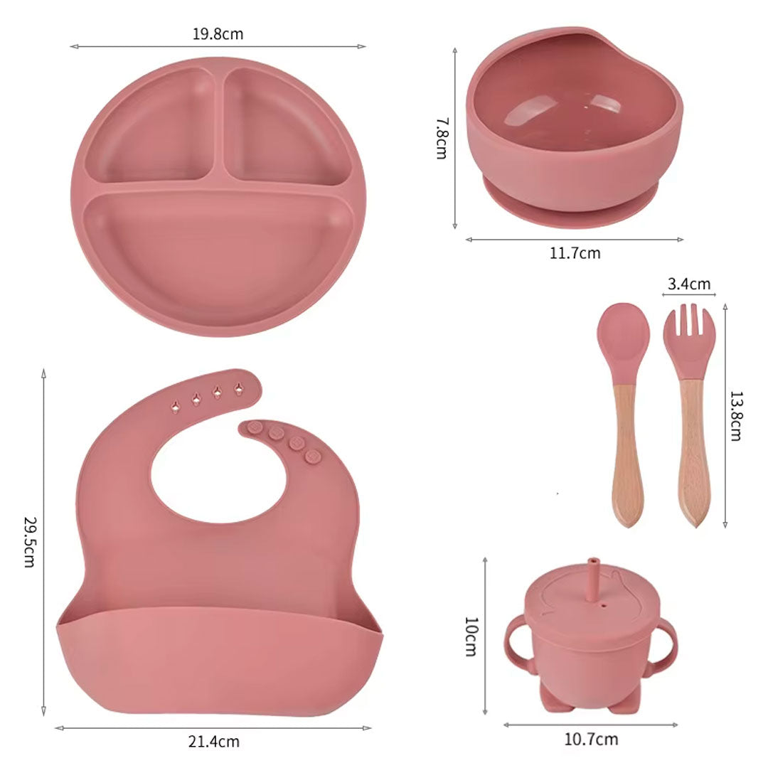 Vajilla 7pz en silicona grado alimenticio, 100% libre de BPA, cubiertos de silicona suave con mango en madera, adhesión a superficie plana, con babero recolector