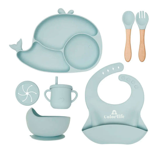 Set vajilla 8pz en silicona diseño Ballenita, combo de alimentación complementaria, 100% libre de BPA, set de babero, plato, tazón y cubiertos, hechos en material calidad alimenticia y resistente - Color & Life