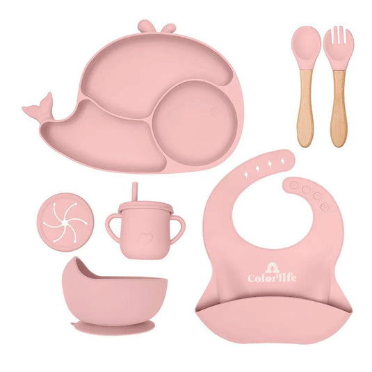 Set vajilla 8pz en silicona diseño Ballenita, combo de alimentación complementaria, 100% libre de BPA, set de babero, plato, tazón y cubiertos, hechos en material calidad alimenticia y resistente - Color & Life