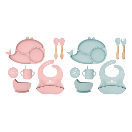Set vajilla 8pz en silicona diseño Ballenita, combo de alimentación complementaria, 100% libre de BPA, set de babero, plato, tazón y cubiertos, hechos en material calidad alimenticia y resistente - Color & Life