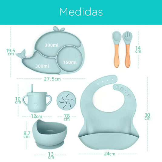 Set vajilla 8pz en silicona diseño Ballenita, combo de alimentación complementaria, 100% libre de BPA, set de babero, plato, tazón y cubiertos, hechos en material calidad alimenticia y resistente - Color & Life