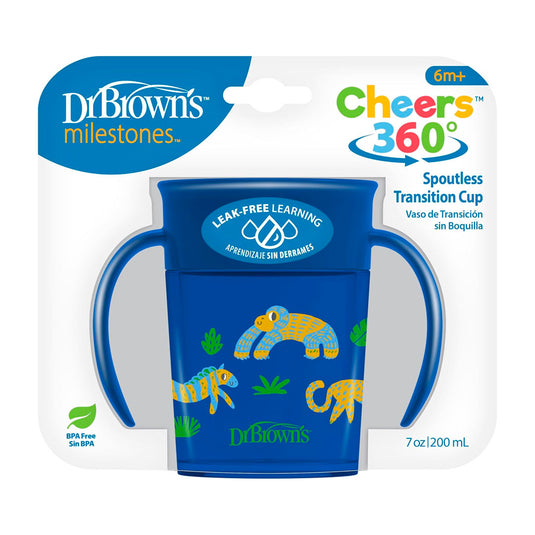 Vaso Cheers 360° antiderrames decorado con agarraderas, aprendizaje sin fugas, ideal para el acompañar el aprendizaje, fácil de limpiar y transportar, en material resistente 100% libre de BPA - Dr Brown's