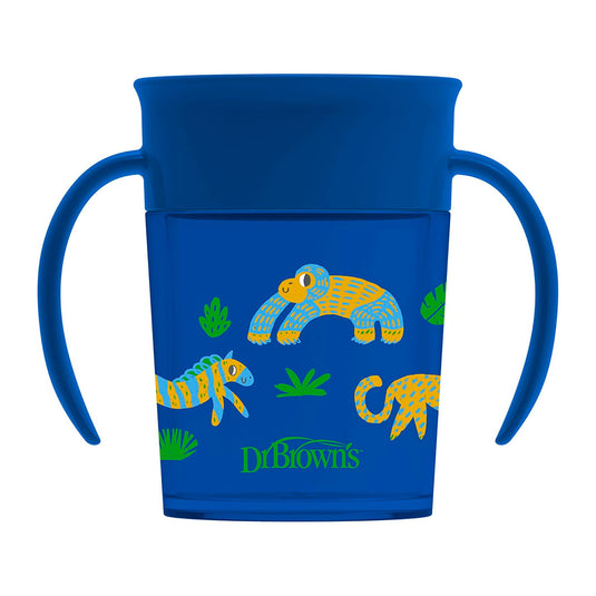 Vaso Cheers 360° antiderrames decorado con agarraderas, aprendizaje sin fugas, ideal para el acompañar el aprendizaje, fácil de limpiar y transportar, en material resistente 100% libre de BPA - Dr Brown's