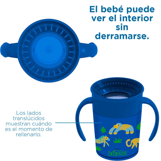 Vaso Cheers 360° antiderrames decorado con agarraderas, aprendizaje sin fugas, ideal para el acompañar el aprendizaje, fácil de limpiar y transportar, en material resistente 100% libre de BPA - Dr Brown's