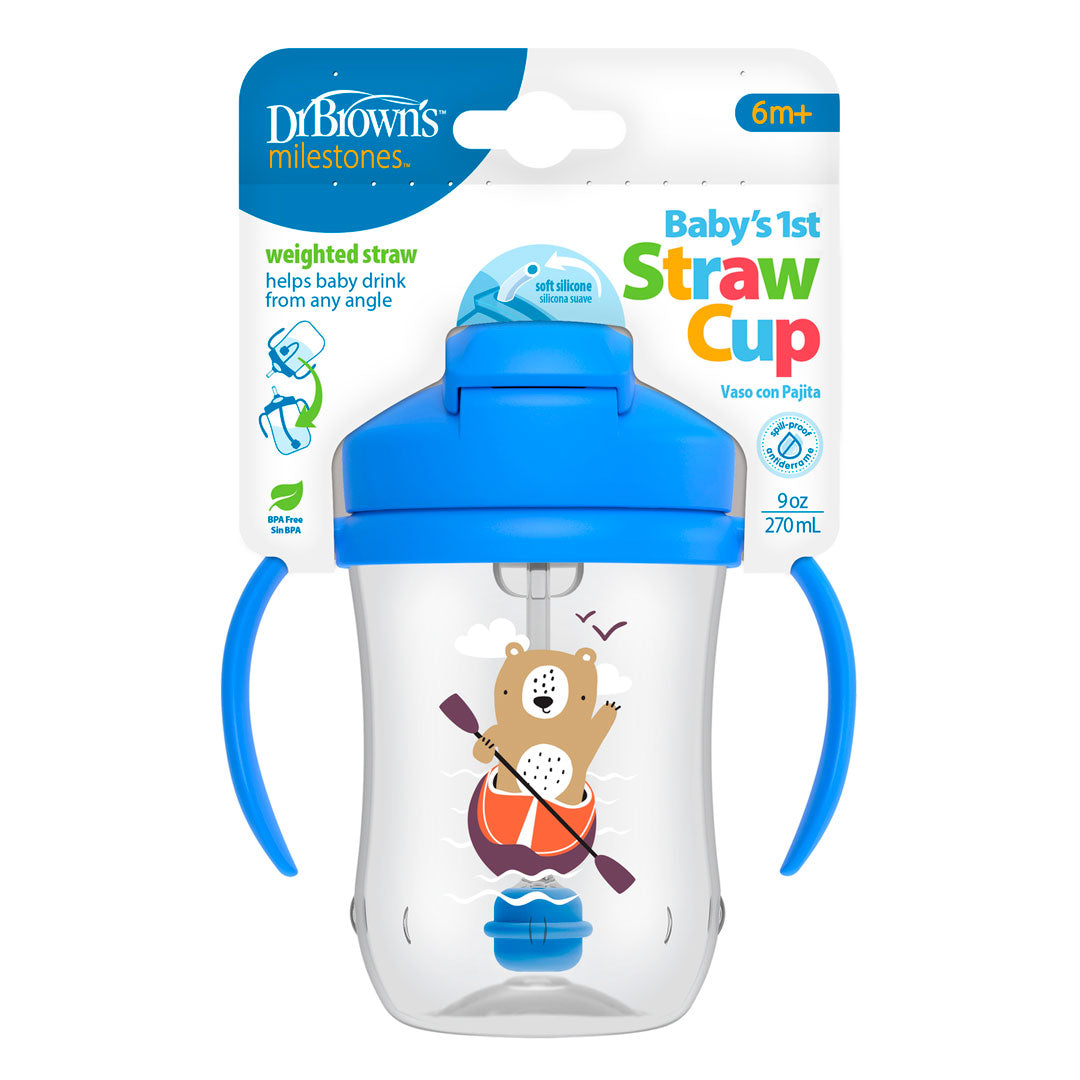 Vaso de 270 ml con agarraderas y pitillo para bebé, a prueba de derrames, protector para el pitillo, fácil de limpiar, 100% libre de BPA, hecho en material resistente - Dr Brown's