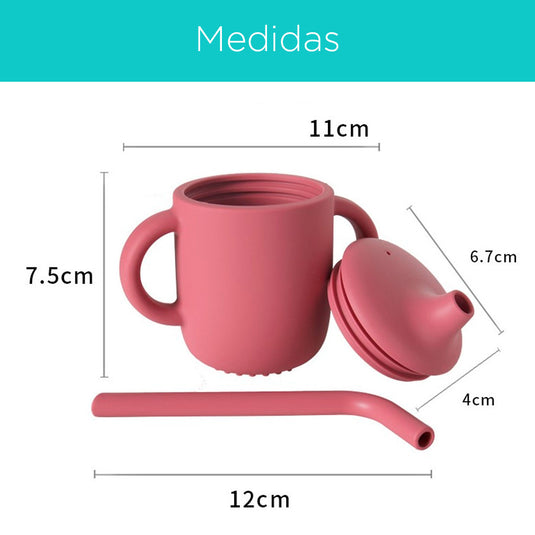 Vaso pitillo en silicona 100% libre de BPA, con asas laterales para facilitar su agarre, de 5oz, con sistema antiderrame, fácil de lavar