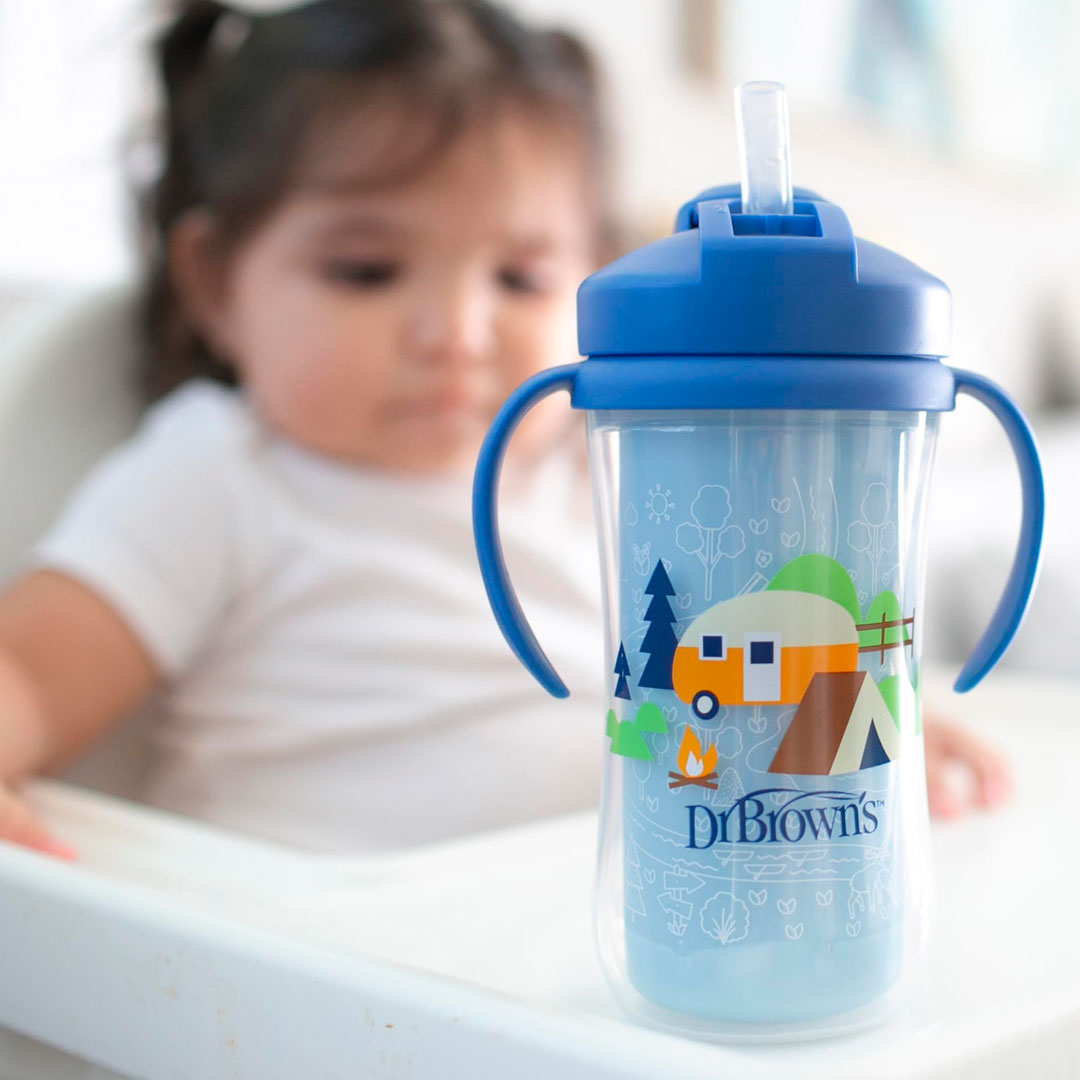 Vaso térmico con agarraderas y pitillo para bebé, de 10oz, a prueba de derrames, con tapa para el pitillo, hecho en material resistente no tóxico sin BPA, fácil de limpiar - Dr Brown's