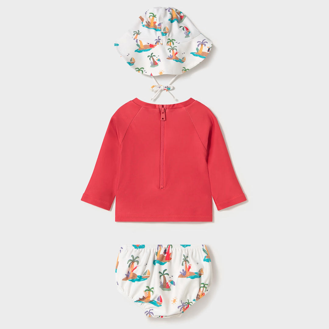Vestido de baño 3pz manga larga con gorrito, diseño colorido, gorro ajustable con visera, calzón con ajuste por elástico - Mayoral