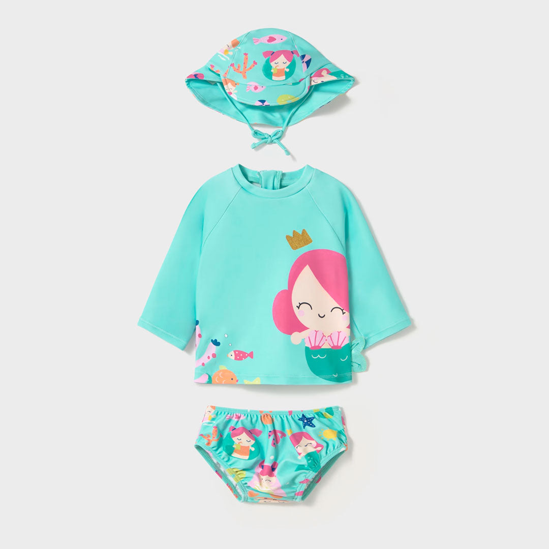Vestido de baño 3pz manga larga con gorrito, diseño colorido, gorro ajustable con visera, calzón con ajuste por elástico - Mayoral