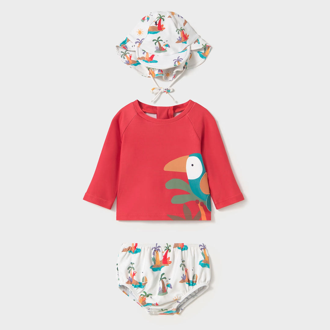 Vestido de baño 3pz manga larga con gorrito, diseño colorido, gorro ajustable con visera, calzón con ajuste por elástico - Mayoral