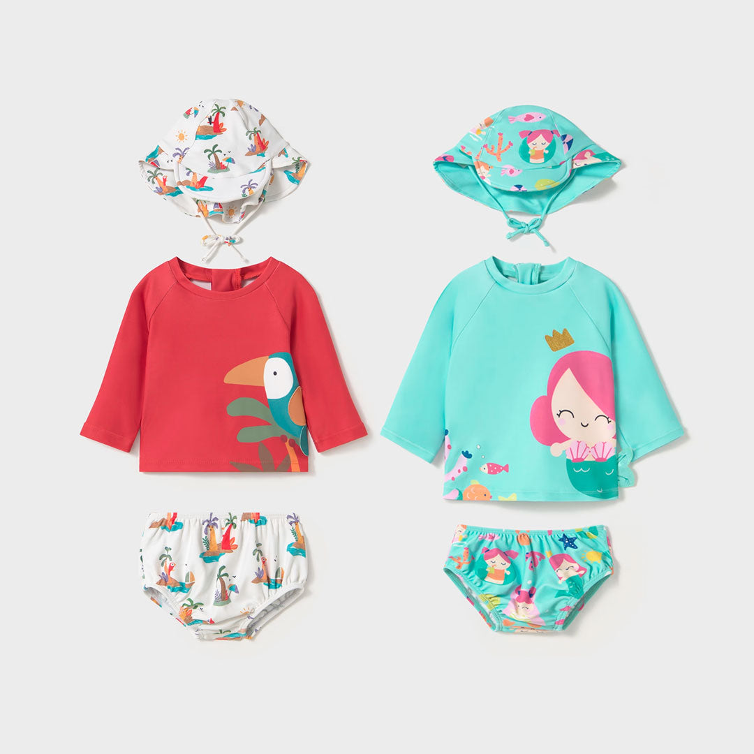 Vestido de baño 3pz manga larga con gorrito, diseño colorido, gorro ajustable con visera, calzón con ajuste por elástico - Mayoral