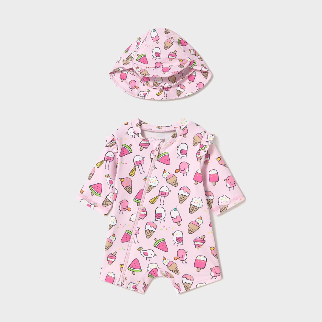 Vestido de baño 1pz con gorrito rosa Palomas, cierre completo, gorro con pequeña visera para el sol, color y estampado llamativo - Mayoral