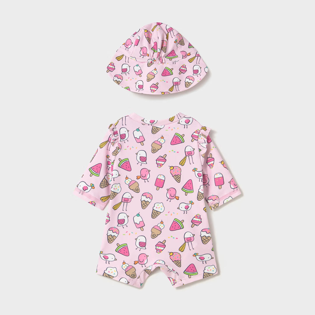 Vestido de baño 1pz con gorrito rosa Palomas, cierre completo, gorro con pequeña visera para el sol, color y estampado llamativo - Mayoral