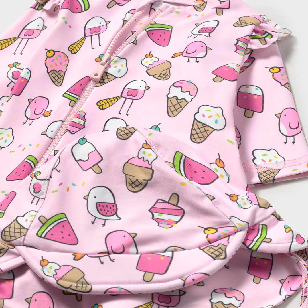 Vestido de baño 1pz con gorrito rosa Palomas, cierre completo, gorro con pequeña visera para el sol, color y estampado llamativo - Mayoral