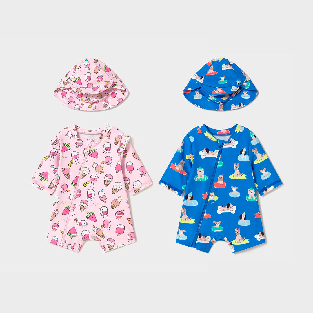 Vestido de baño 1pz con gorrito rosa Palomas, cierre completo, gorro con pequeña visera para el sol, color y estampado llamativo - Mayoral