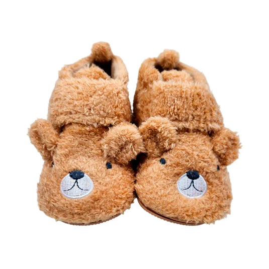 Zapatos cálidos ovejeros con diseño de osito para bebé, con suela antideslizante, hechos en material resistente e hipoalergénico, cómodo cierre ajustable en velcro