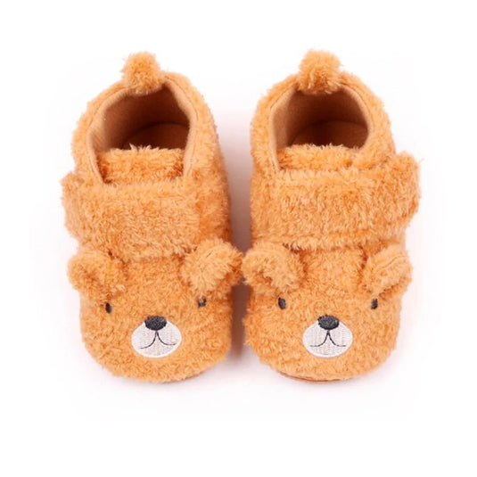 Zapatos cálidos ovejeros con diseño de osito para bebé, con suela antideslizante, hechos en material resistente e hipoalergénico, cómodo cierre ajustable en velcro